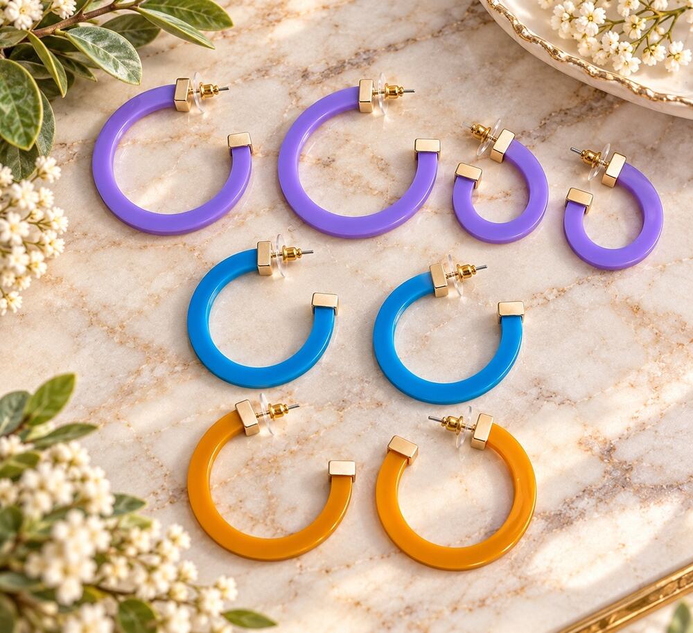 Michelle McDowell Acrylic Hoop Earring Havelock 4 Sets Purple Mustard Blue Round